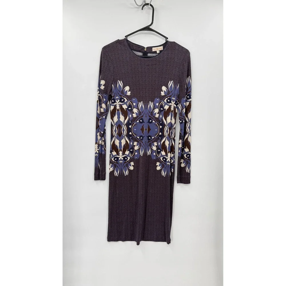 Tory Burch M Midi Sheath Dress Womens Purple Blue Medallion Floral Long Sleeve